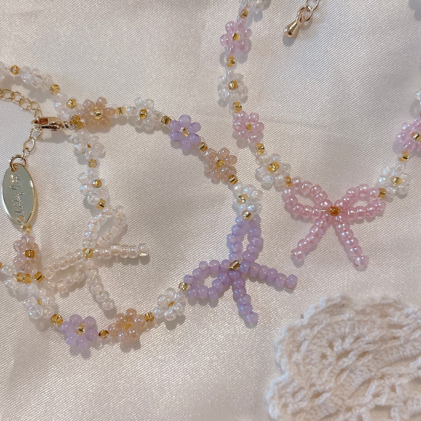 Ribbon Bow beaded Bracelet, handmade Beads bracelet, Bead Necklace, Dainty Jewellery