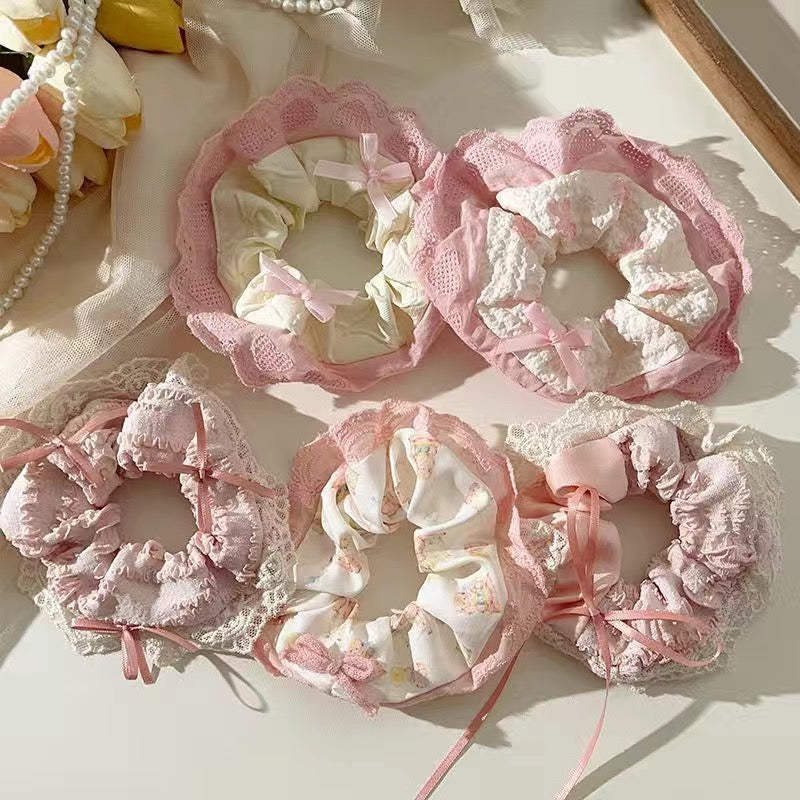 Cute Teddy Ribbon Bow Lace Hair Scrunchie