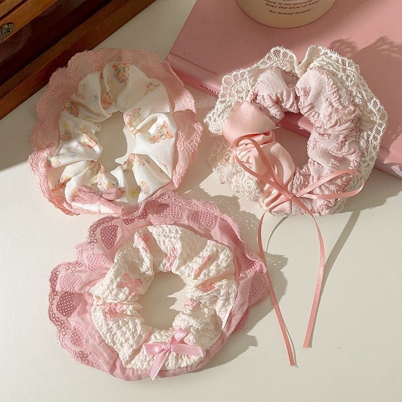 Cute Teddy Ribbon Bow Lace Hair Scrunchie