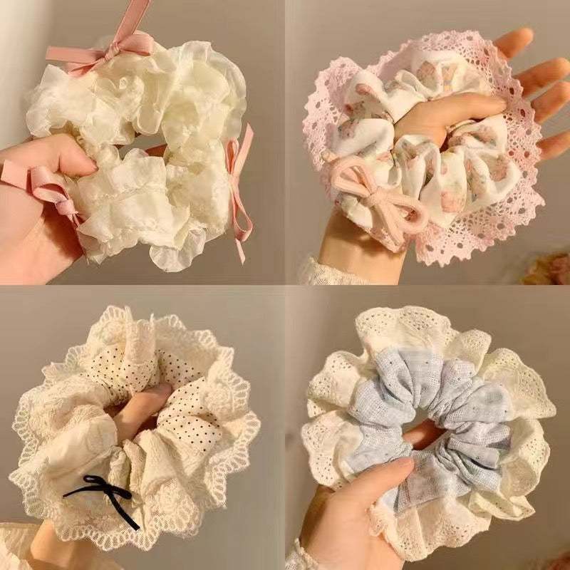 Cute Teddy Ribbon Bow Lace Hair Scrunchie