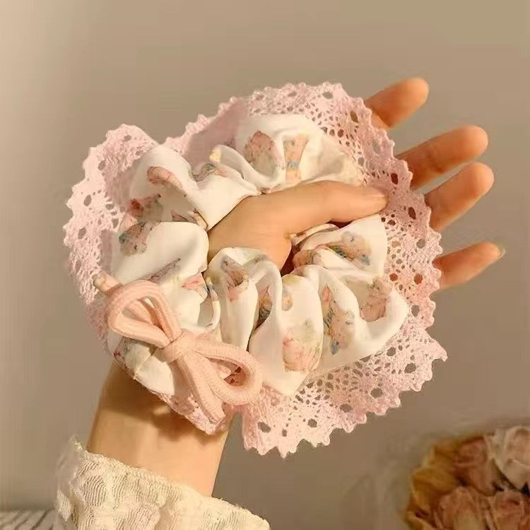 Cute Teddy Ribbon Bow Lace Hair Scrunchie
