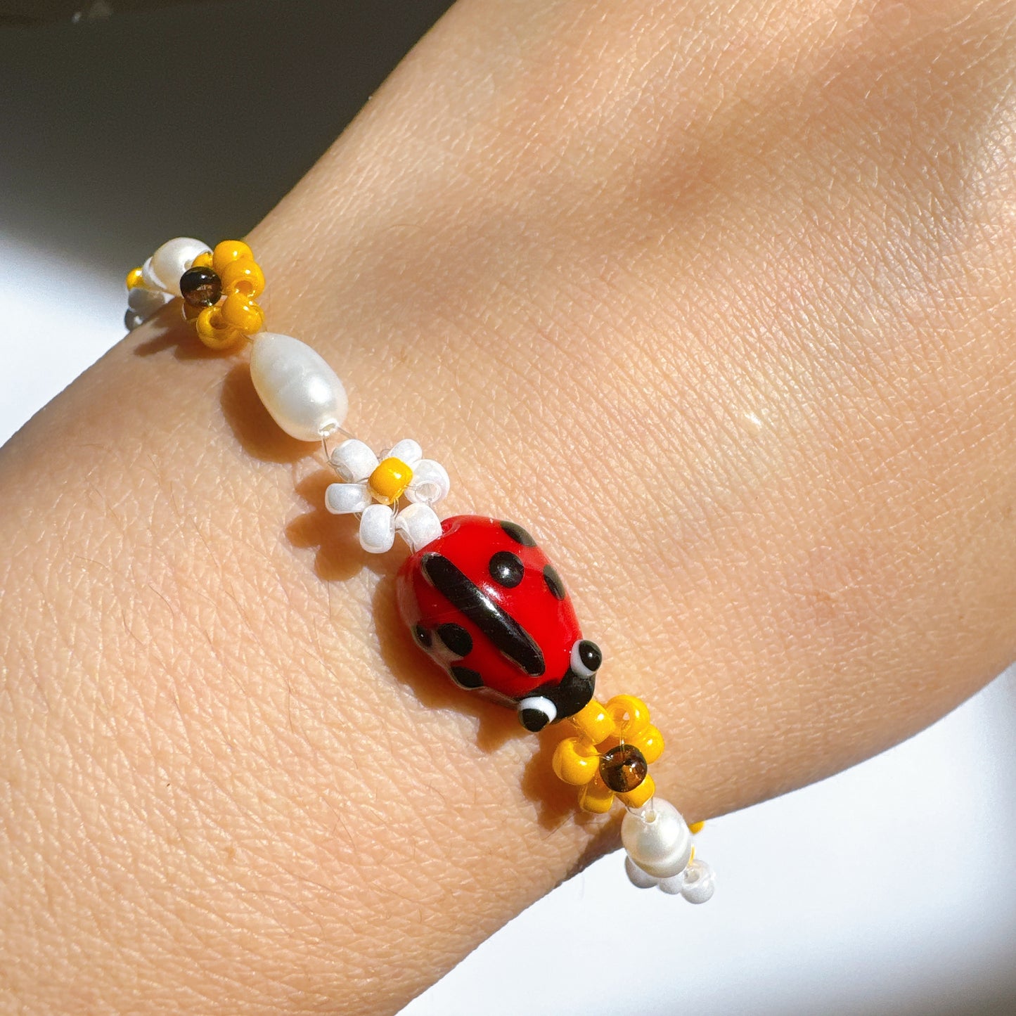 Handmade Glass Bee Ladybug Pearl Bracelet, Floral Garden Charm Jewelry