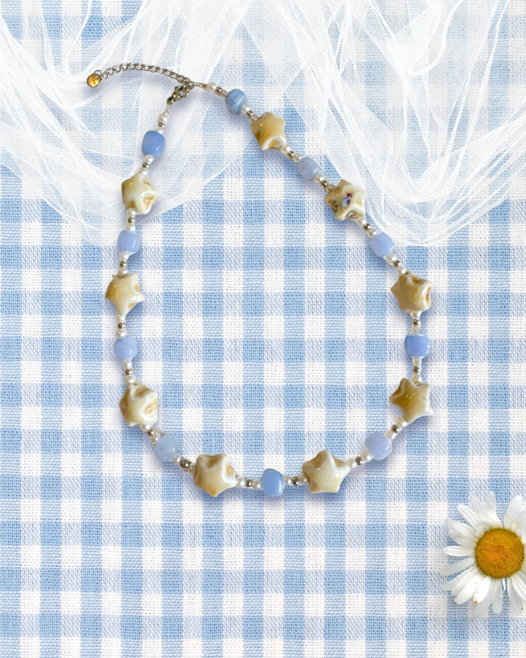 Sunday Sky Necklace — Blue & Ceramic Star Beaded Necklace