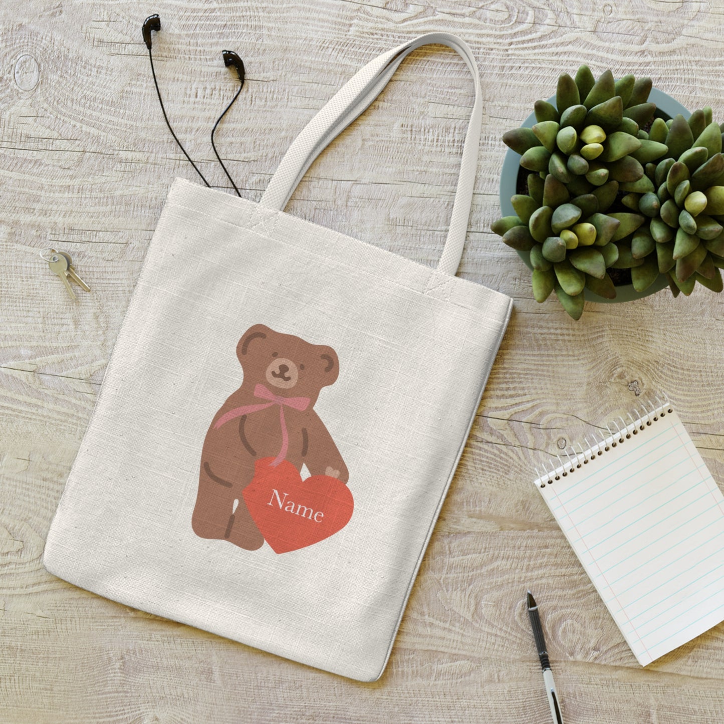 Personalised Teddy Name, Polyester Tote Bag, customised tote bag, gift for her