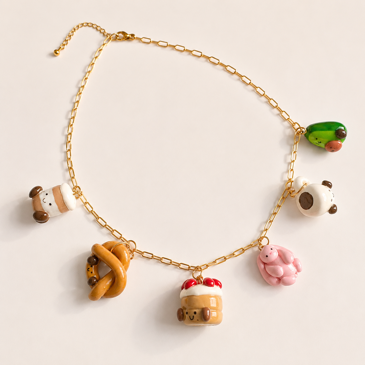 Cute Food Charm Necklace – Handmade Kawaii Polymer Clay Necklace, Bunny & Dessert Charms, Cozy Gold Chain Necklace, Jelly Inspired Jewelry