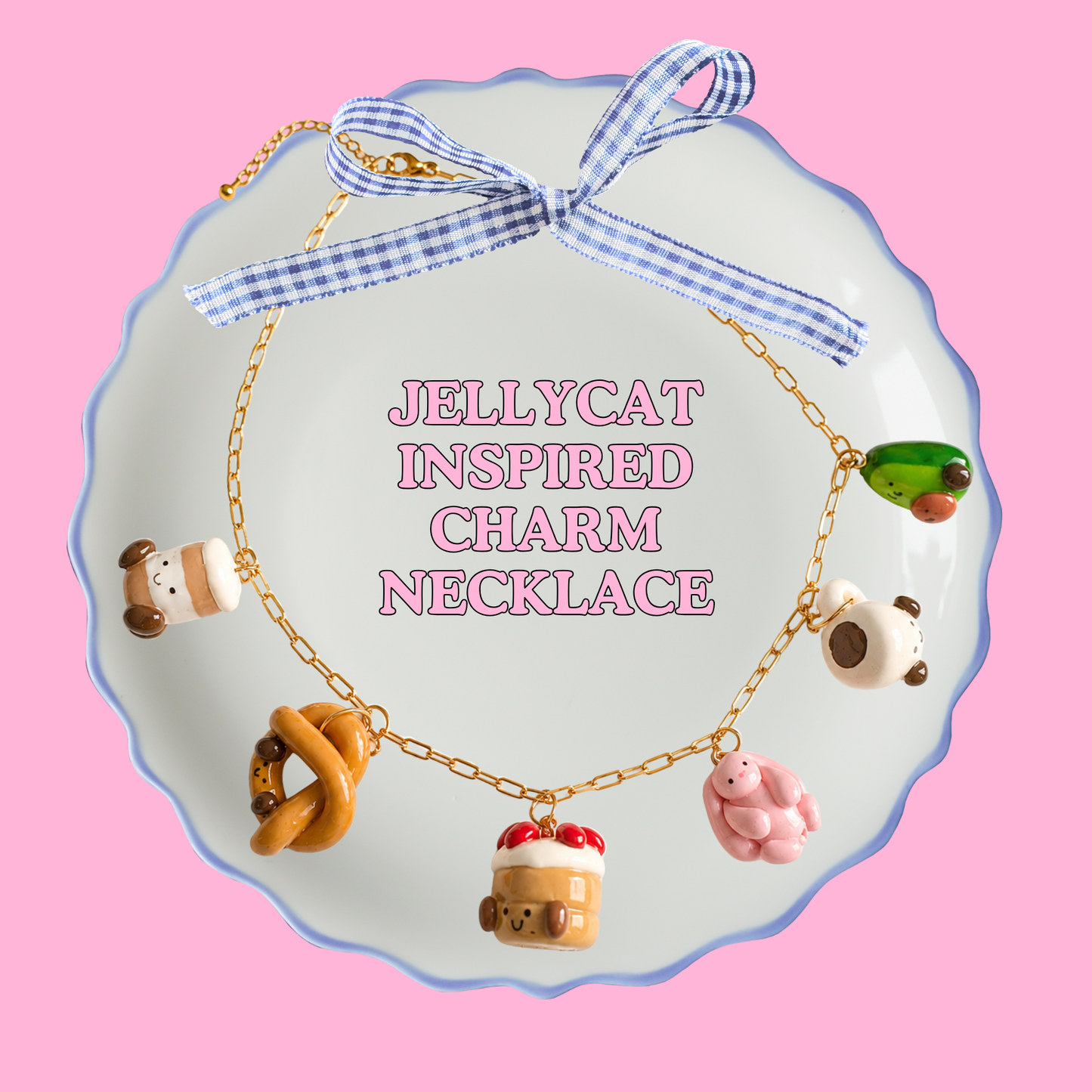 Cute Food Charm Necklace – Handmade Kawaii Polymer Clay Necklace, Bunny & Dessert Charms, Cozy Gold Chain Necklace, Jelly Inspired Jewelry