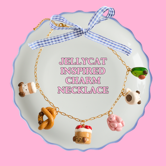 Cute Food Charm Necklace – Handmade Kawaii Polymer Clay Necklace, Bunny & Dessert Charms, Cozy Gold Chain Necklace, Jelly Inspired Jewelry