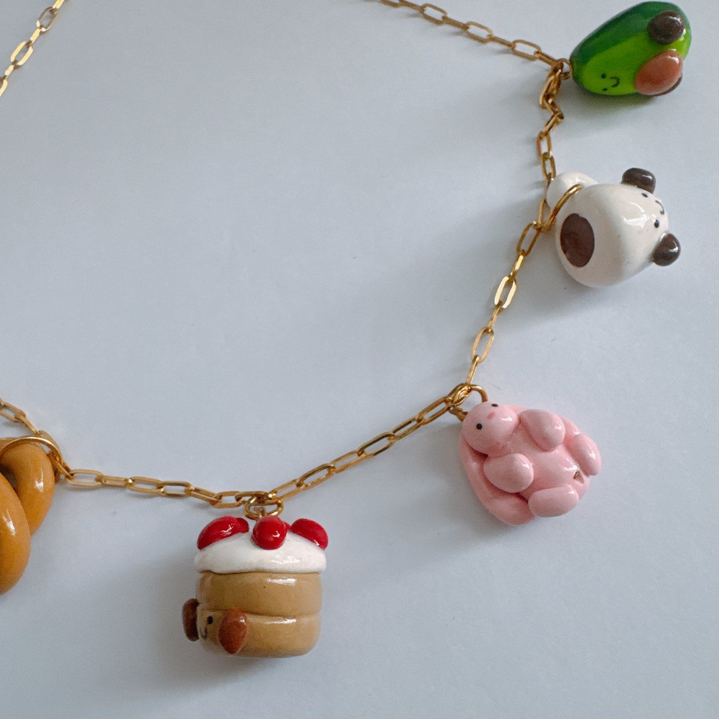 Cute Food Charm Necklace – Handmade Kawaii Polymer Clay Necklace, Bunny & Dessert Charms, Cozy Gold Chain Necklace, Jelly Inspired Jewelry