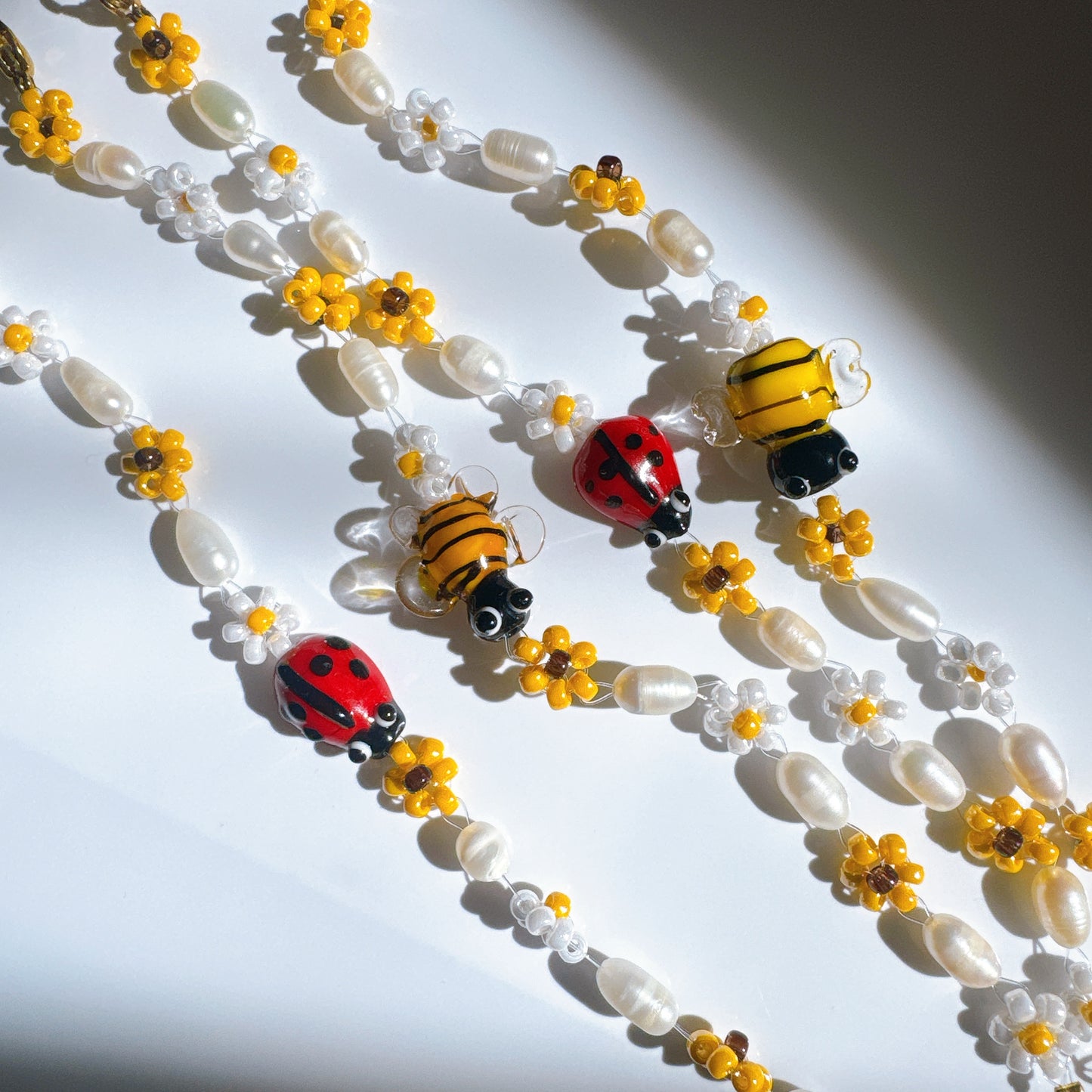 Handmade Glass Bee Ladybug Pearl Bracelet, Floral Garden Charm Jewelry