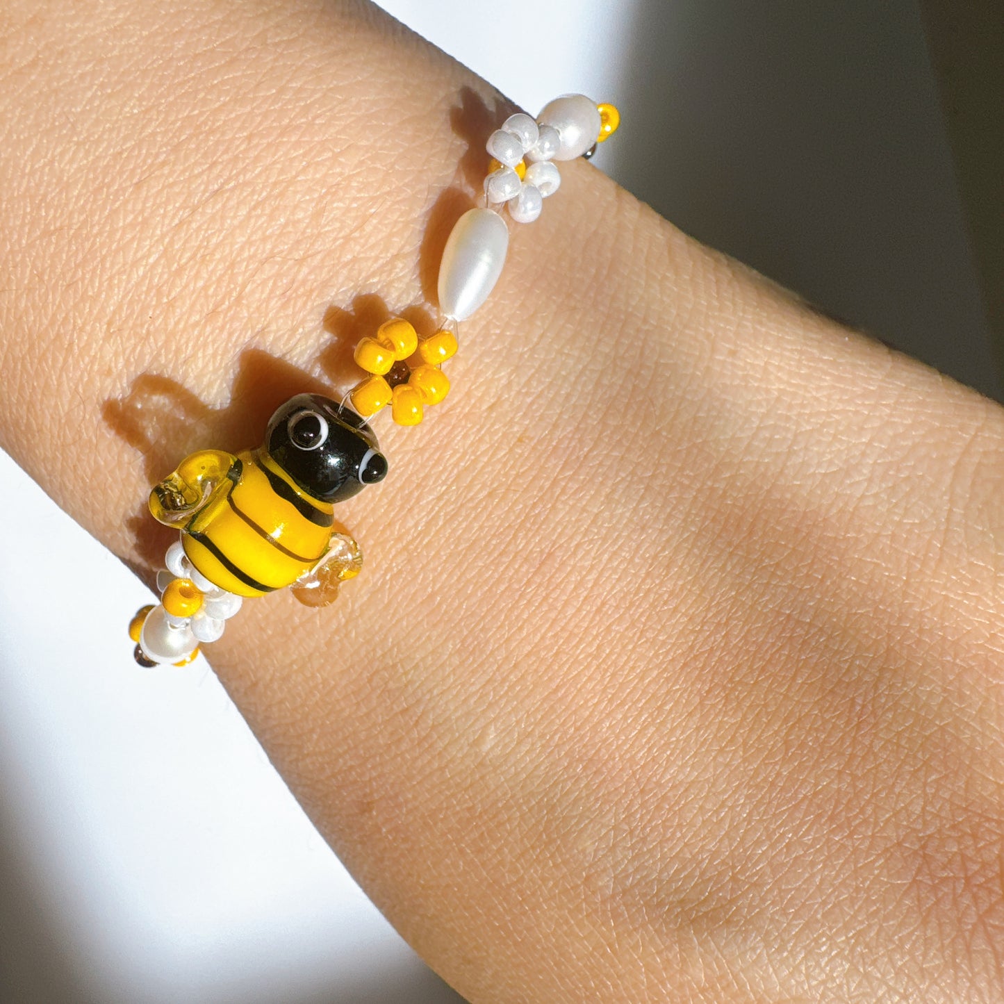 Handmade Glass Bee Ladybug Pearl Bracelet, Floral Garden Charm Jewelry
