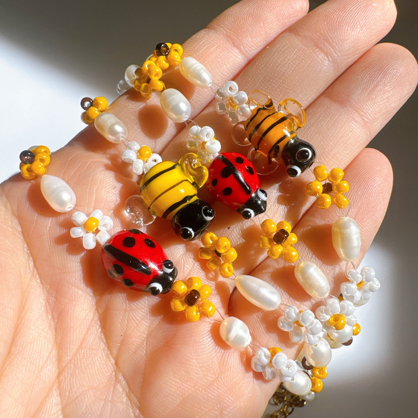 Handmade Glass Bee Ladybug Pearl Bracelet, Floral Garden Charm Jewelry